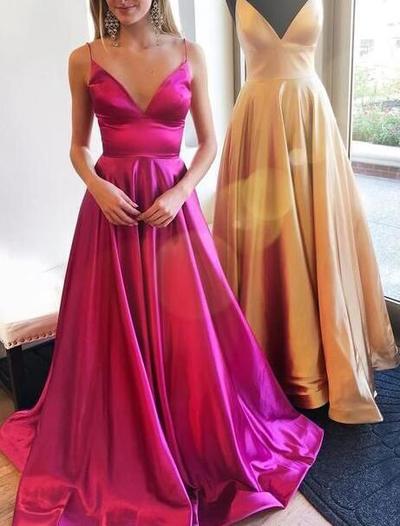 Spaghetti Straps Fuchsia Long Prom Dresses