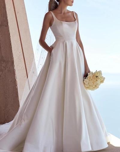 Elegant Simple Mermaid Square Neck Satin Wedding Dresses with Pockets