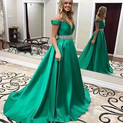 Green prom dresses off shoulder with beaded - Thumbnail 2