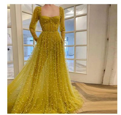 Yellow Beaded Pearls Prom Dresses Long Sleeves Sweetheart A-Line Evening Gowns Formal Party Dress