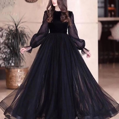 New A-Line Long Sleeve Evening Dress Black Dubai Arabia Muslim Lace Prom Gown