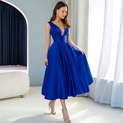 Royal Blue A-line Short Evening Dress Women's Tea Length Satin V-Neck Sleeveless Backless Prom Gowns Robe De Soirée
