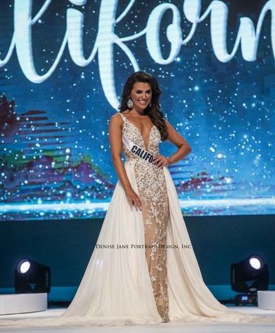Blue Sheath Lace Beaded with Detachable Train Miss USA Prom Dress Evening Dress