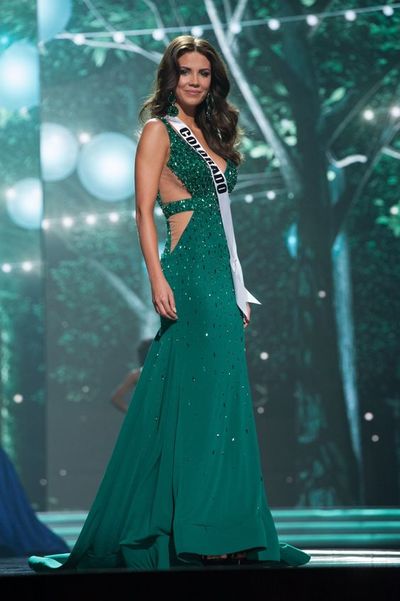 Green Sheath Lace Beaded Miss USA Prom Dress Evening Dress