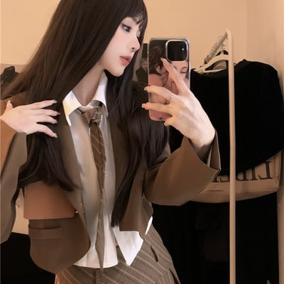 Dark academia classic elegant student girl sweet autumn brown & black suit jacket long sleeve shirt plaid pleated skirt three piece set - Thumbnail 3