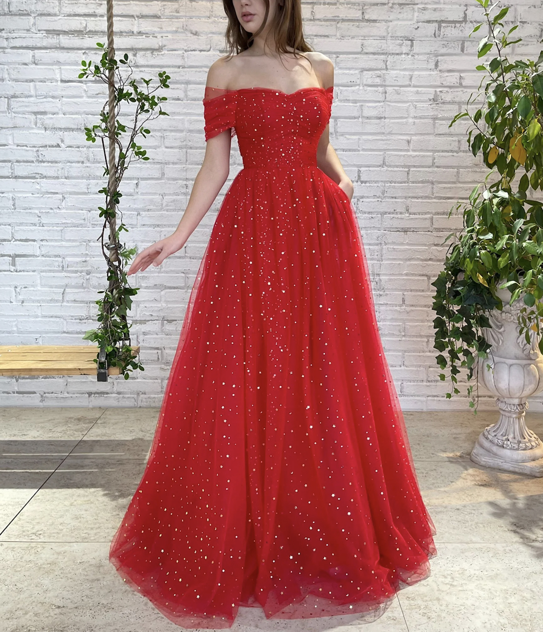 Red Tulle Long Prom Dress, Beautiful Off Shoulder Evening Party Dress