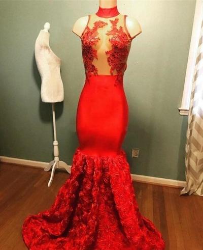 High Neck Illusion Bodice Appliques Flowers Satin Sexy Red Mermaid Prom Dresses Backless Evening Dresses Celebrity Party Dresses