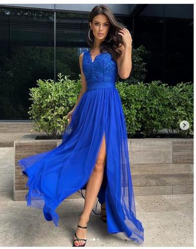 Royal Blue A Line Lace Prom Dress Evening Gowns