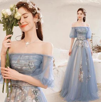 Beautiful Off Shoulder A Line Blue Tulle Prom Dress with Lace