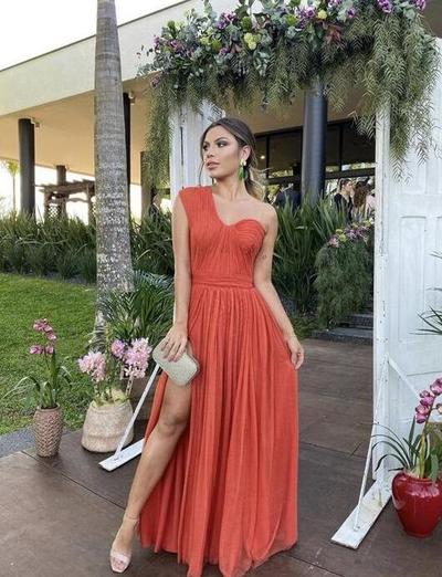 Classic One Shoulder Orange Chiffon Prom Dress