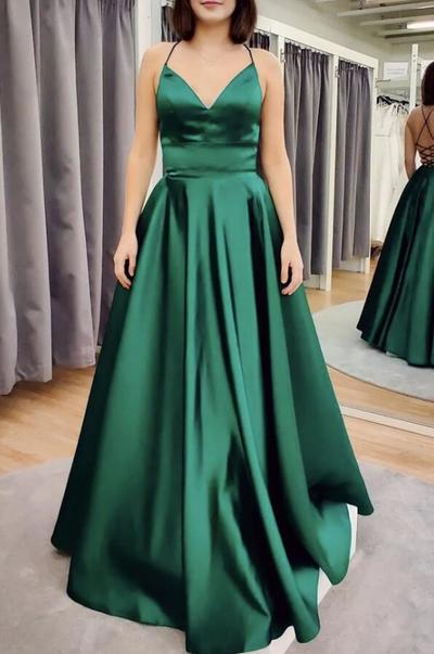 Simple Green V Neck Open Back Satin Prom Dresses