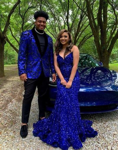 Beautiful Royal Blue V Neck Long Sequin Prom Dresses