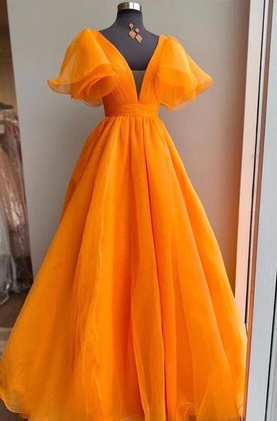 Uniqus Orange Long V Neck Formal Prom Dress