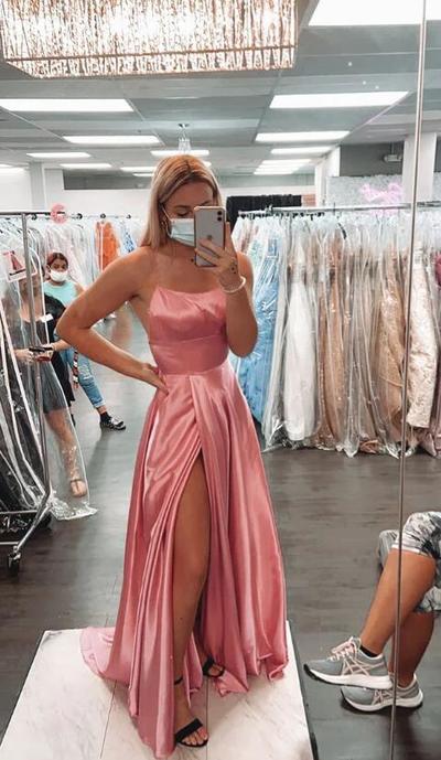Simple Pink Long Prom Dress With Side Slit