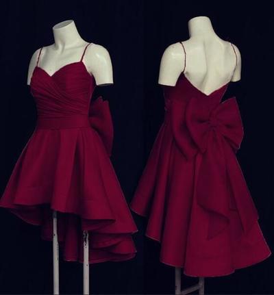 Cute High Low Short Burgundy Prom Dress with Bow