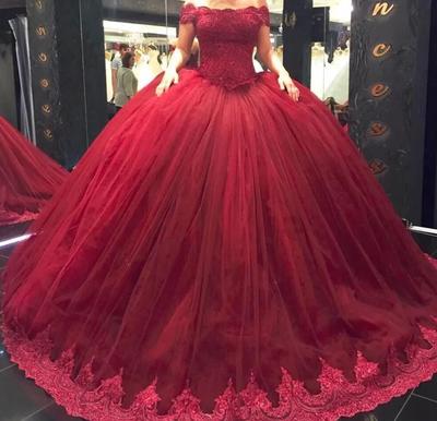 Off Shoulder Princess Burgundy Ball Gown Lace Party Dresses