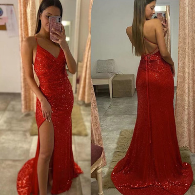 Sparkly Red Prom Dresses Slit Side Criss Cross