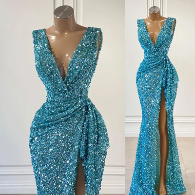 Sparkly Deep V Neck Prom Dresses Sequins Slit Side