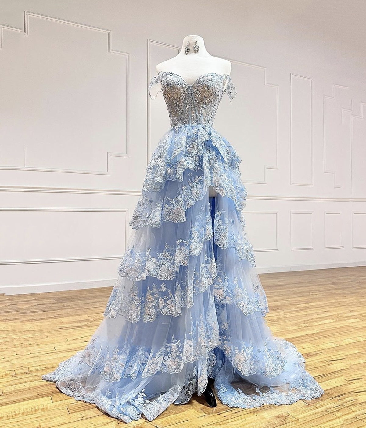 Blue Tulle Sequins Long Prom Dress, Off Shoulder Evening Party Dress