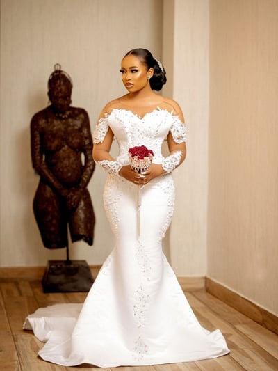 Mermaid Wedding Dresses With Sheer Neck Illusion Long Sleeves Lace Bridal Dress Plus Size,1499