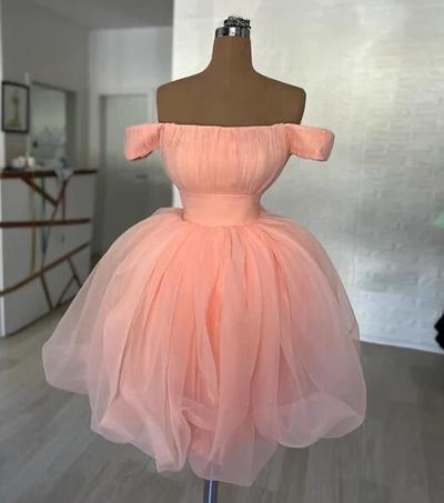 Pretty Off Shoulder Pink Tulle Short Prom Dresses