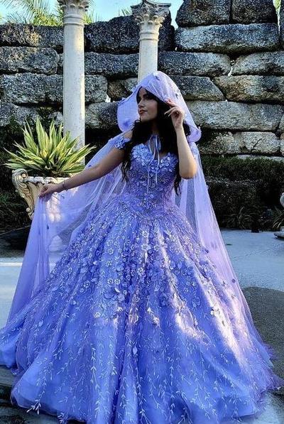 Off Shoulder Purple Ball Gown Formal Prom Dresses WithFlowers