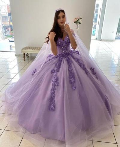 Sweetheart Purple Ball Gown Long Prom Dresses With Flowers