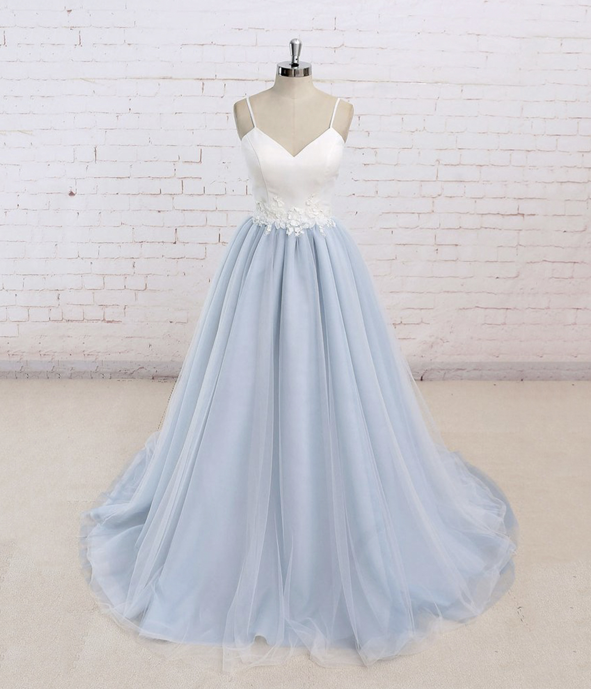 Blue/White Spaghetti Strap Tulle Long Prom Dress with Lace, Cute A-Line Formal Dress