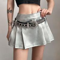 High Waist PU Leather Silver Metallic Pleated Skirts - Thumbnail 1