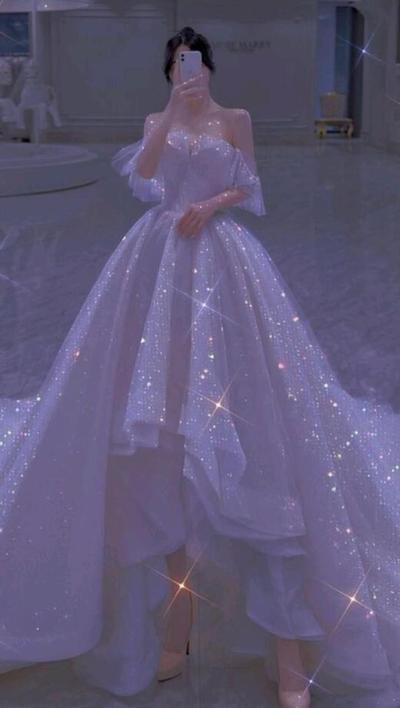 Sweetheart High Low A-line Sequin Off Shoulder Prom Dresses