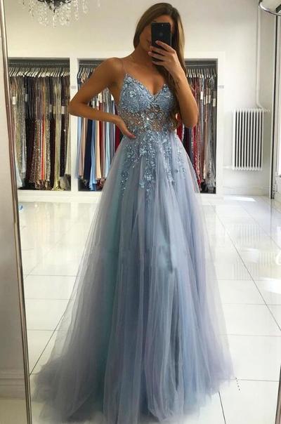 Spaghetti Straps A Line Long Prom Dresses Tulle Evening Dresses For Women