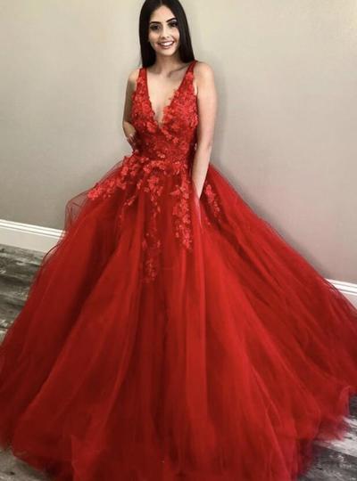 A Line Open Back Red Tulle V Neck Lace Prom Dresses