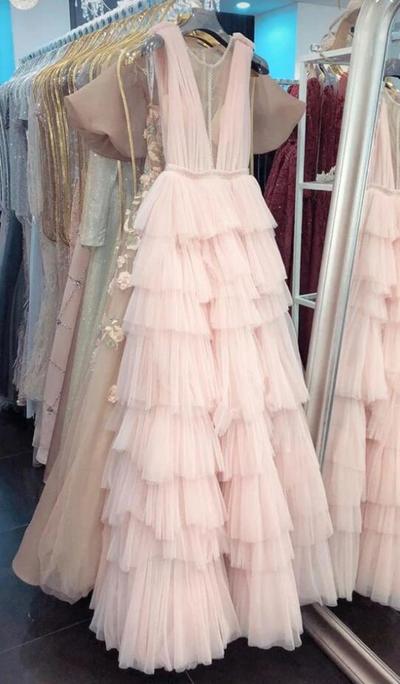 A Line Round Neck Pink Tulle Long Prom Dresses