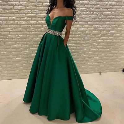 Off shoulder prom dresses green waist with beaded - Thumbnail 1