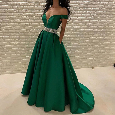 Off Shoulder Prom Dresses Green Waist with Beaded