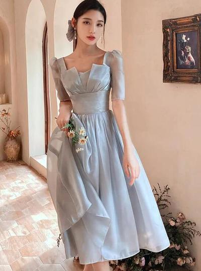Simple Grey Short Sleeve Bridesmaid Evening Dresses
