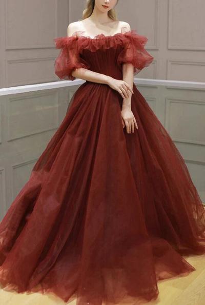 Off Shoulder A Line Burgundy Formal Tulle Long Prom Dress