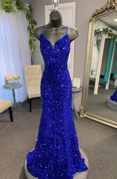 Mermaid Royal Blue Sequin Backless Long Prom Dresses