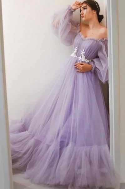 Off-the-Shoulder A-line Lavender Long Tulle Prom Dress