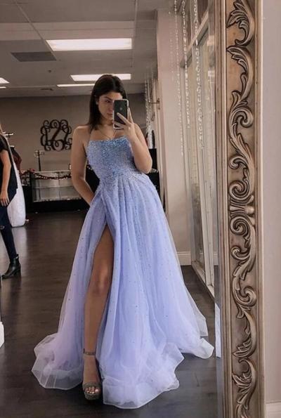 A Line Blue Tulle Split Prom Dress With Beading