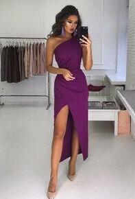 Simple One Shoulder Satin Tea Length Evening Dresses