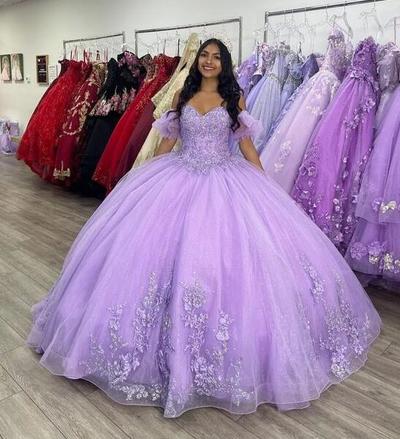 Princess Off Shoulder Sparkly Lavender Ball Gown Lace Appliques Prom Dresses
