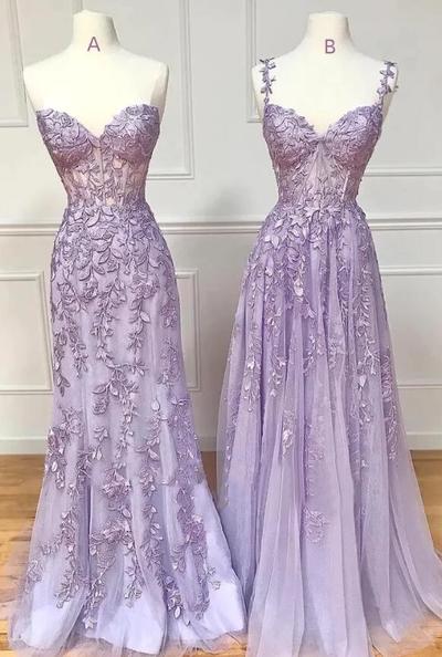 A Line Purple Tulle Lace Long Prom Dresses