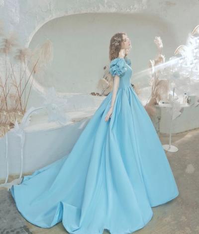 Princess Blue Satin Ball Gown Evening Dresses