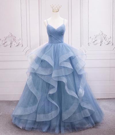 Straps Ball Gown Blue Tulle Long Prom Dresses
