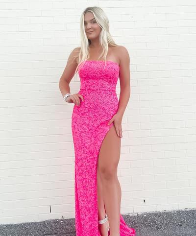 Strapless Sparkly Hot Pink Sequins Prom Dress with Slit