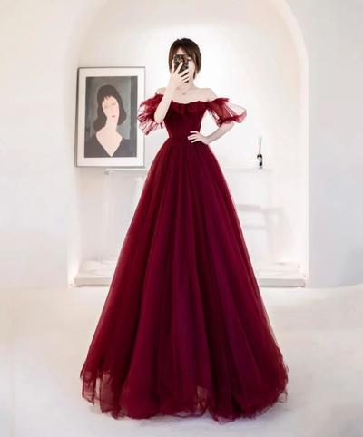 A Line Burgundy Tulle Long Prom Dresses Evening Dresses