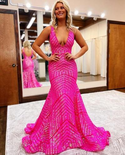 Mermaid Hot Pink Sequins V Neck Prom Dresses