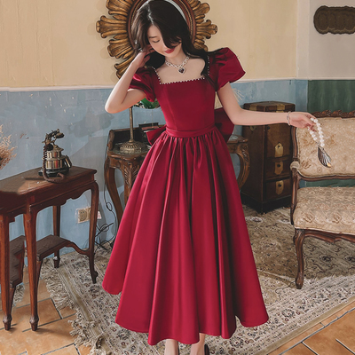 Burgundy satin short prom dress, cute a-line party dress with bow - Thumbnail 3