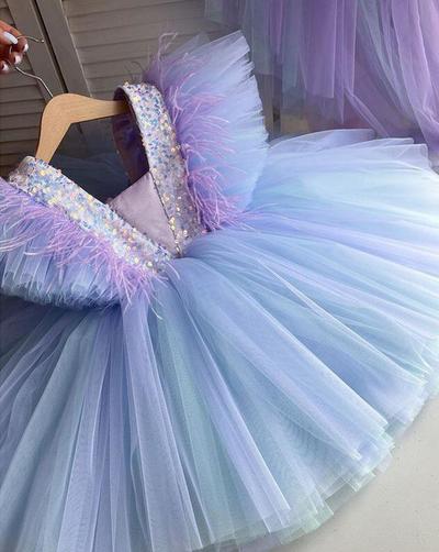 Mermaid Blue Flutter Sleeves Tulle Flower Girl Dresses